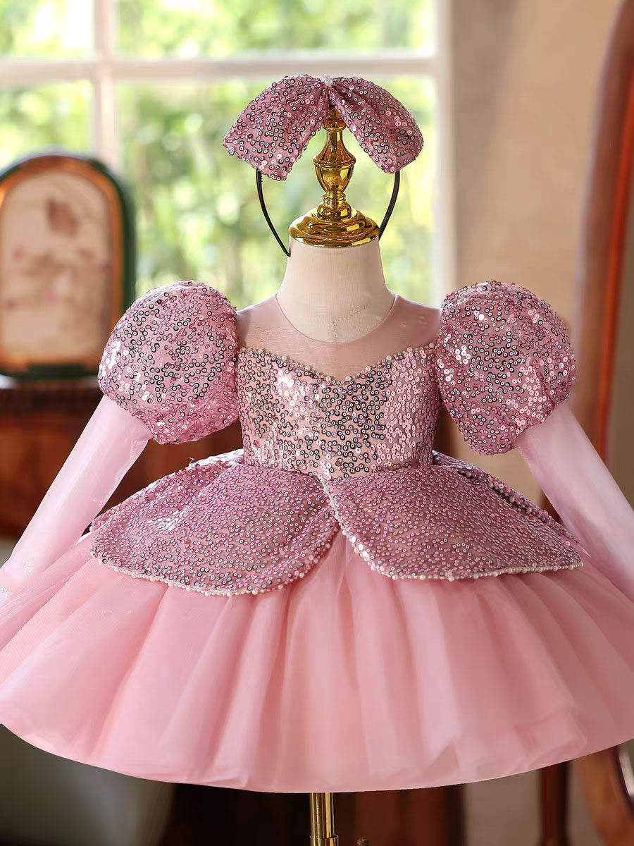 Sparkly Pink Birthday Party Dress with Puffy Sleeves and Sequins D180 Pink / Child-2