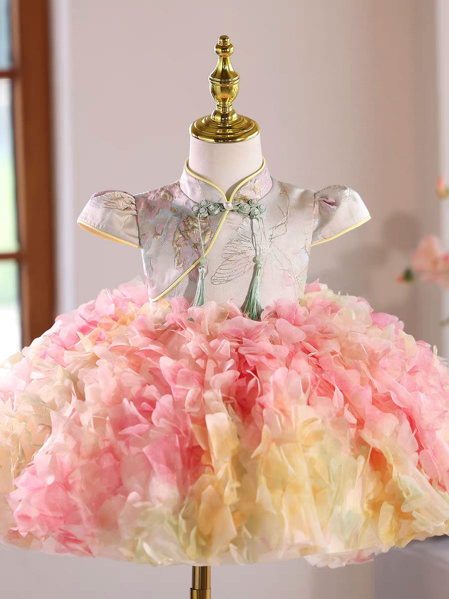 open lace back dress Elegant Pink Chinese Style Girl Dress for Birthday Party J442 Pink / Child-3