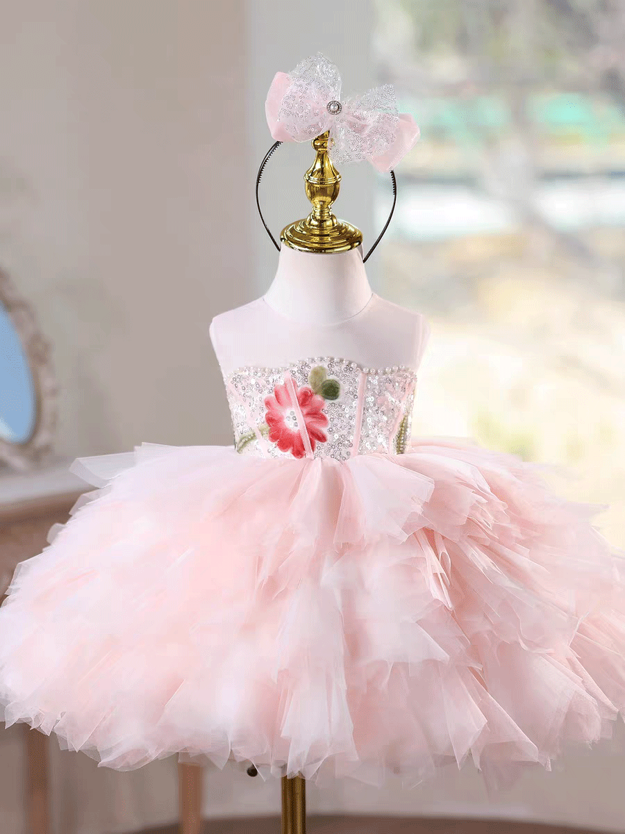 Luxury Pink Tulle Princess Dress for Girls Floral Sequin Birthday Part –  DreamyVow