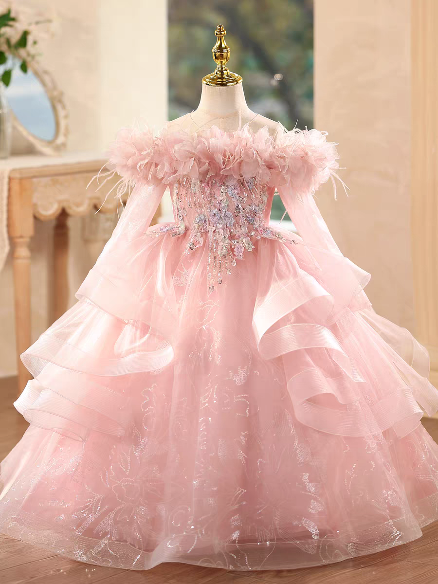 lovely pink dress Lovely Pink Princess Sleeves Ball Gown Satin Prom Dress with Bow