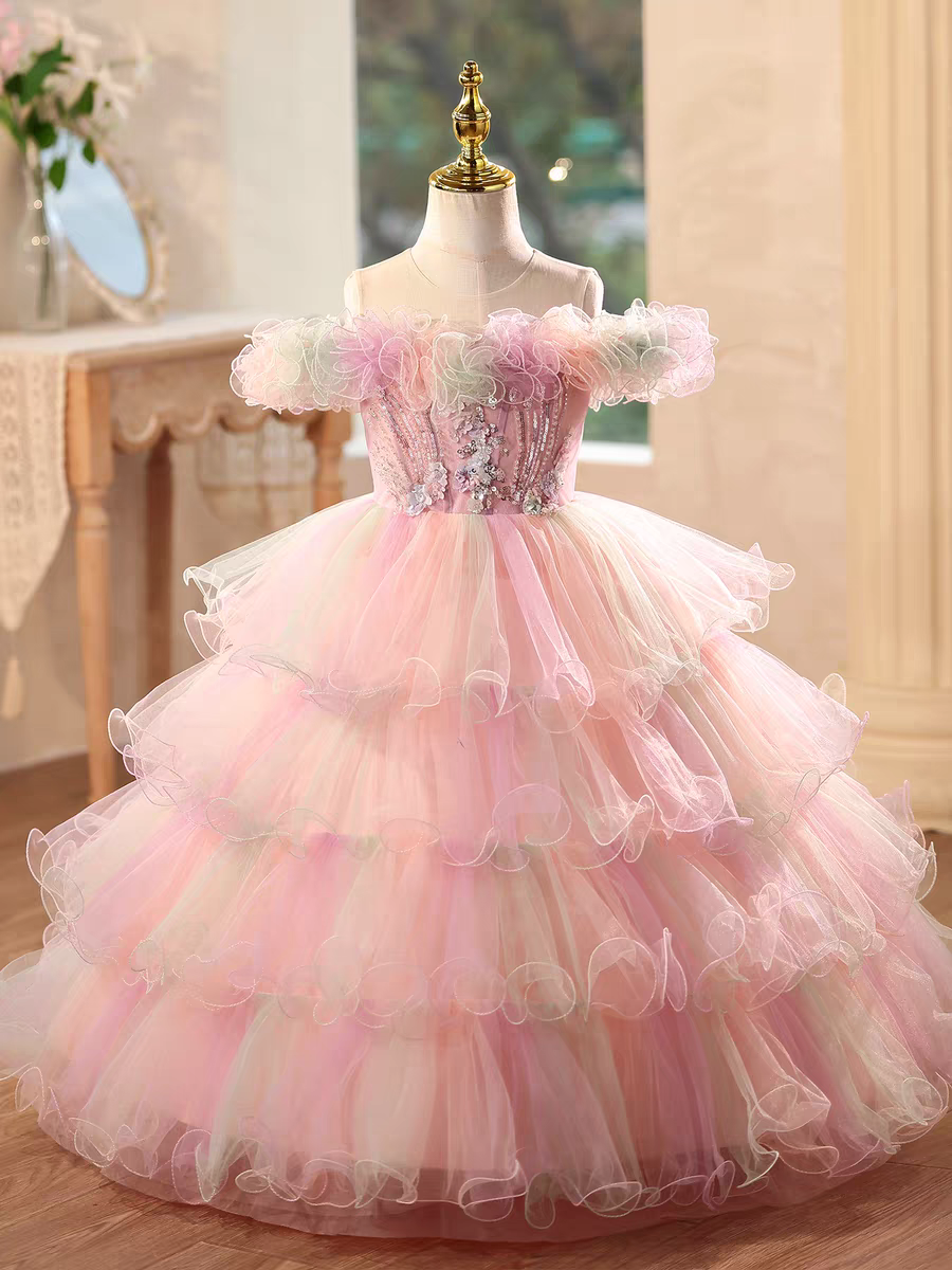 strapless open back dress Charming Floral Beaded Princess Dress Birthday Pageant D200 Pink / Child-3