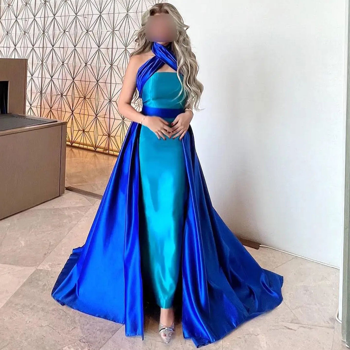 Royal Blue Contrast Turquoise Evening Dress with Overskirt SF012, Blue / 8