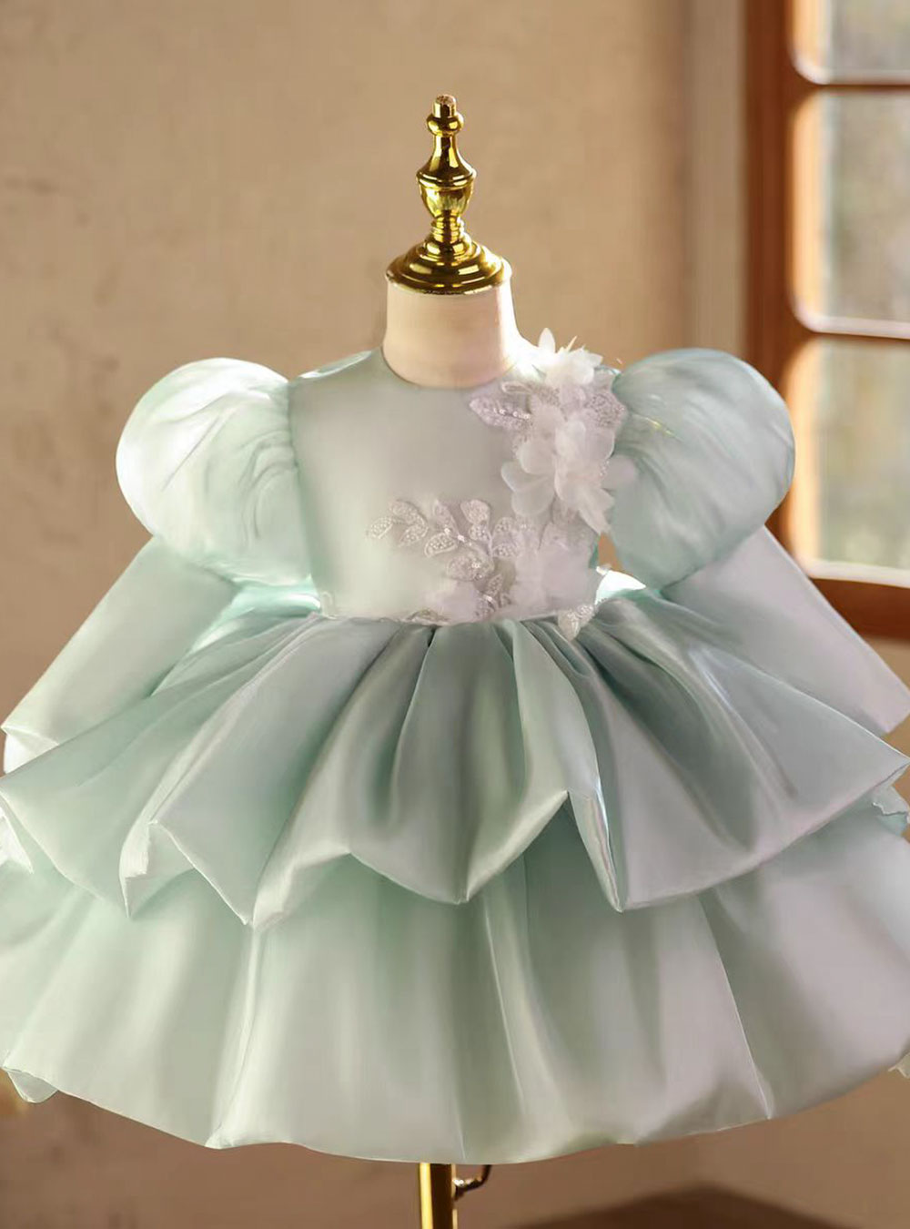 fitted lace wedding dress Luxury Green Long Sleeve Princess Flower Girl Dress for Birthday D213 Green / Child-8
