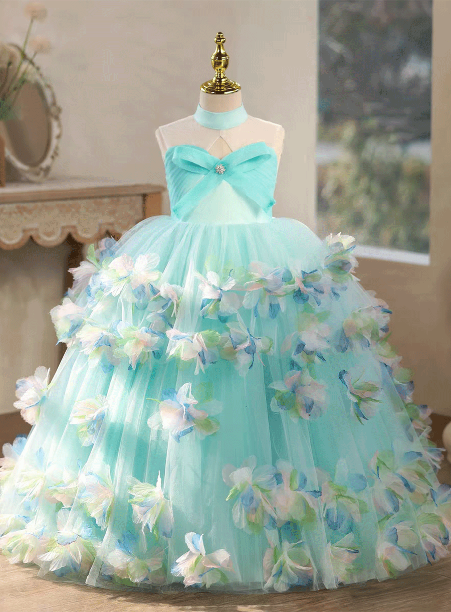 Luxury Turquoise Flower Girl Dress with 3D Floral Appliqué Wedding Par –  DreamyVow