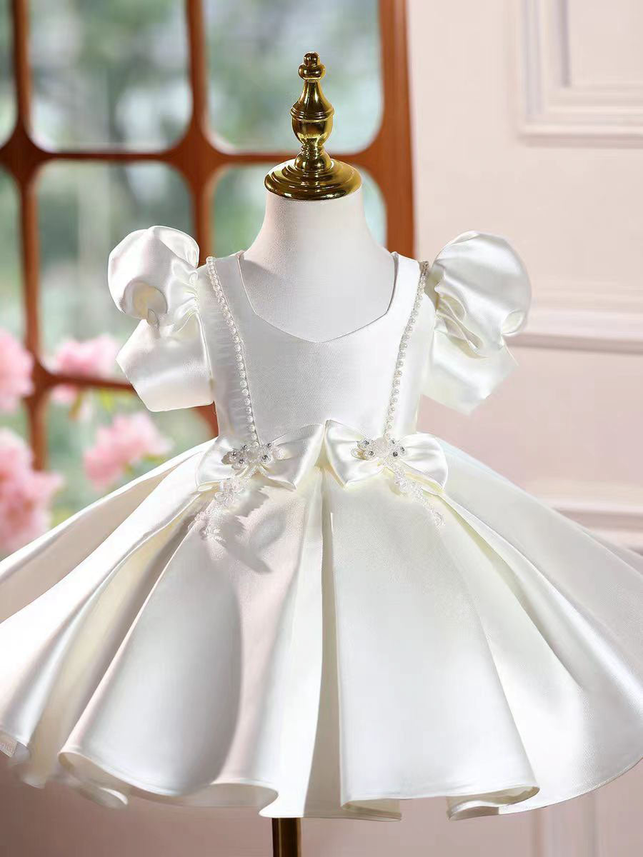 white flower girl dress toddler Burgundy Satin Flower Girl Dress Toddler Princess Birthday Party Gown J443 White / child-8