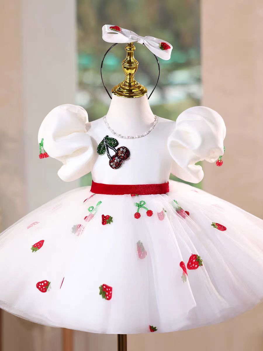 red puffy dress Red Puffy Sleeve Princess Dress for Girls Birthday Party D178 White / child-12