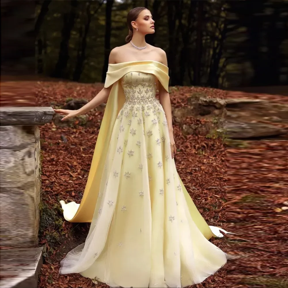 Yellow Satin Luxury Dubai Evening Dress with Cape 2025 SS455 Fuchsia / 12 Yellow Satin Luxury Dubai Evening Dress with Cape 2025 SS455 Fuchsia / 12