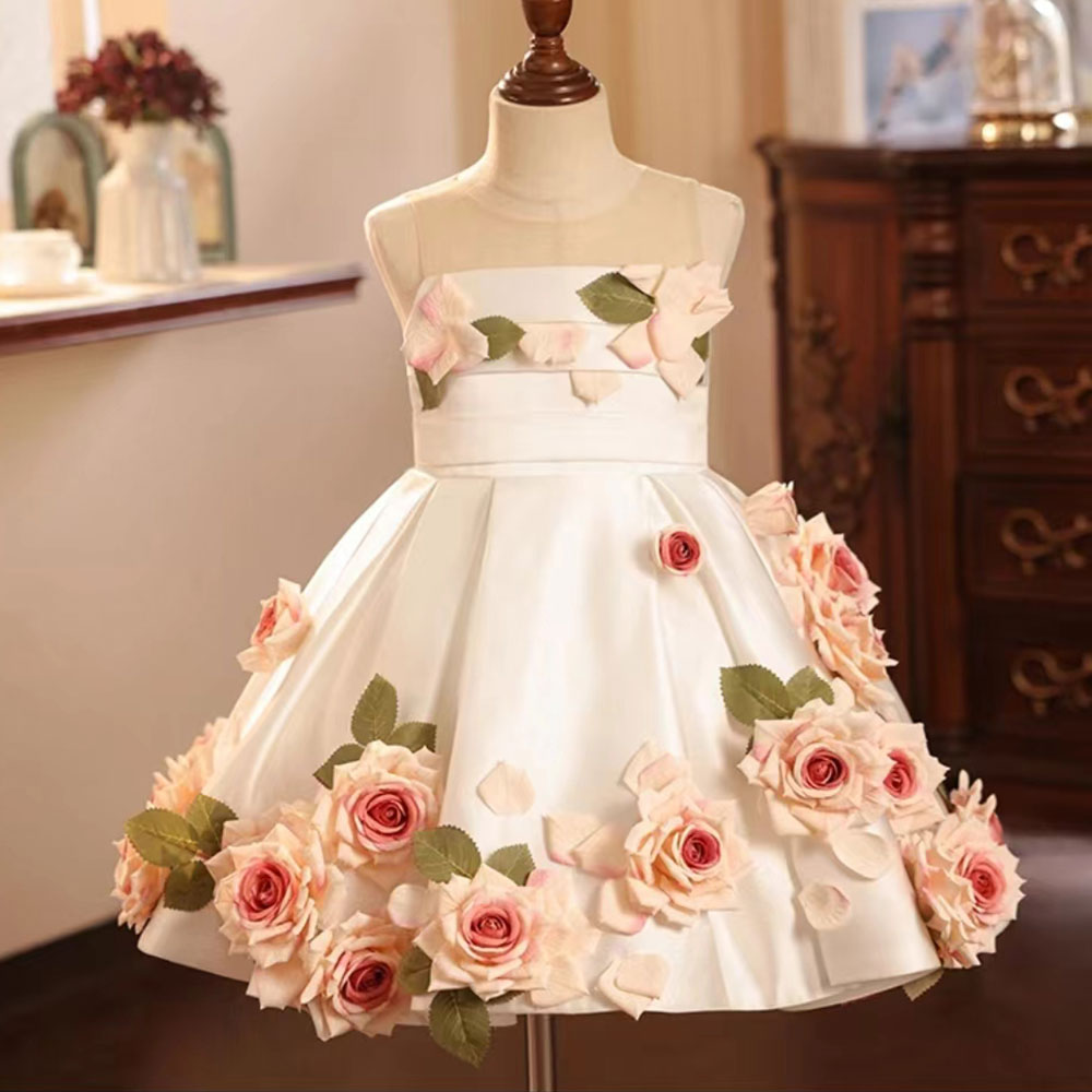White flower girl dress with handmade flowers for church weddings and first communion from DreamyVow