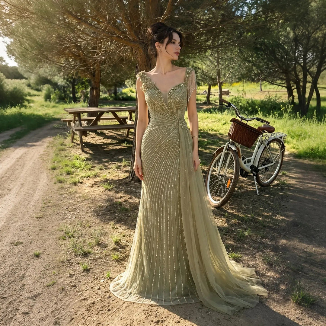 ‌ Luxury Intricately Beaded Fringe-Shoulder Fitted Evening Gown SS103