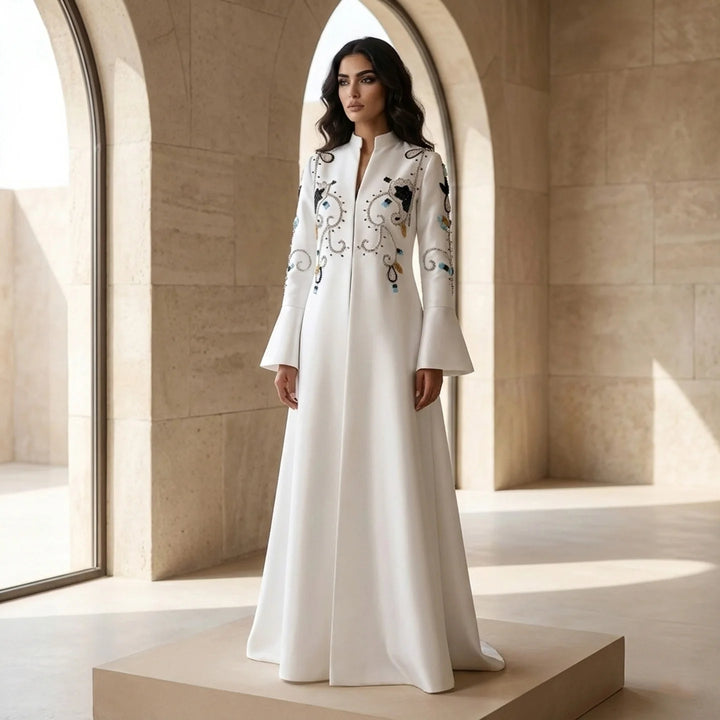 Luxury Black White Evening Dress with Mandarin Collar and Pearl Embroidery XD028