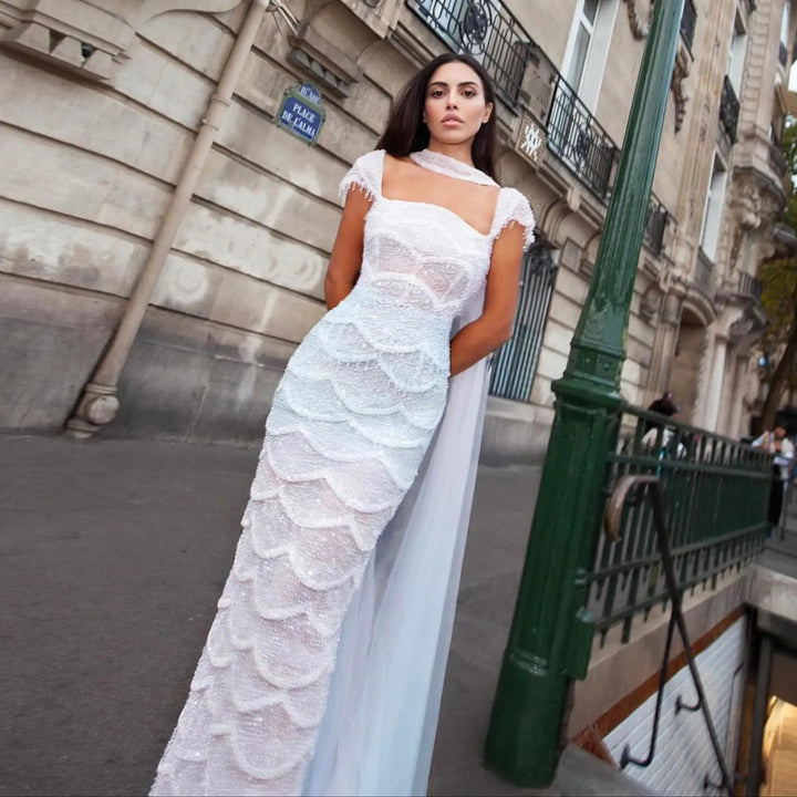 Luxury Gradient White Beaded Layered Evening Gown with Scarf SS523