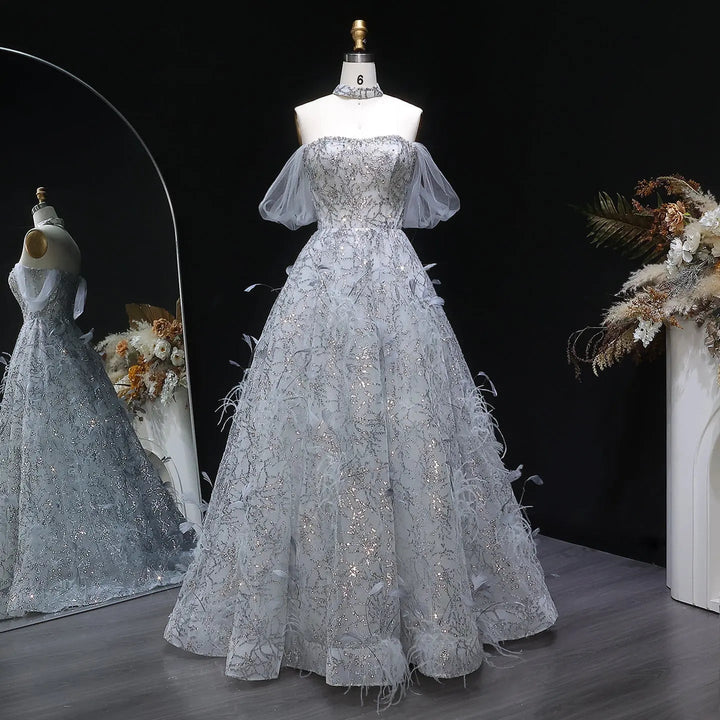 Luxury Silver Sequin Feather Off Shoulder Prom Dress with Choker SS738