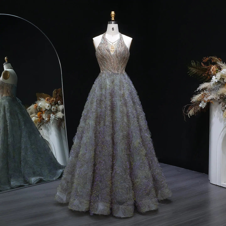 Elegant Gray Green Gradient Halter Prom Dress with Voluminous SS735