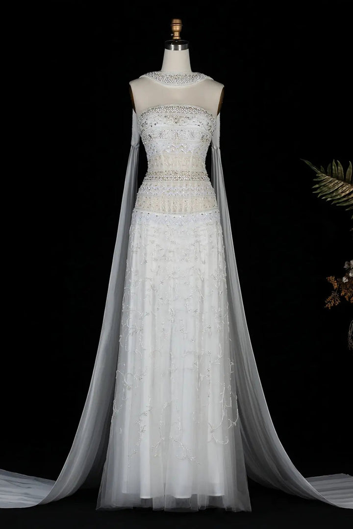 Luxury White Beaded Strapless Evening Dress with Flowing Cape SS508