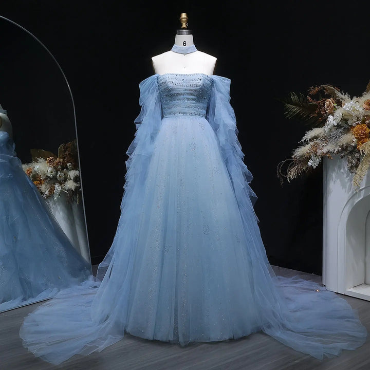 Fairy Blue Beaded Prom Dress with Layered Tulle Sleeves SS737