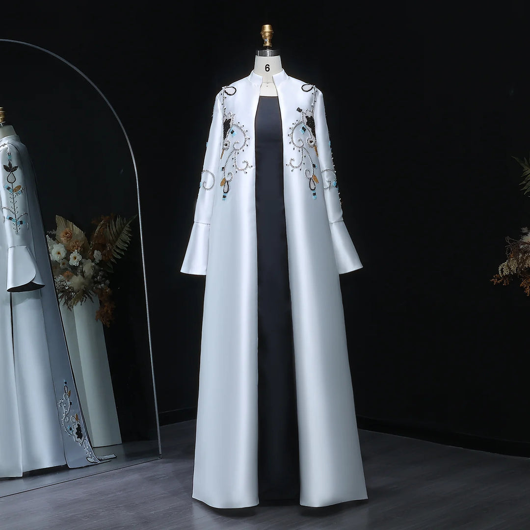 Luxury Black White Evening Dress with Mandarin Collar and Pearl Embroidery XD028