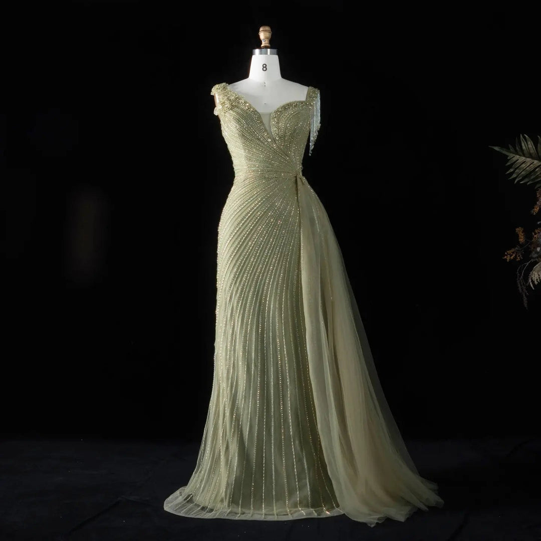 ‌ Luxury Intricately Beaded Fringe-Shoulder Fitted Evening Gown SS103