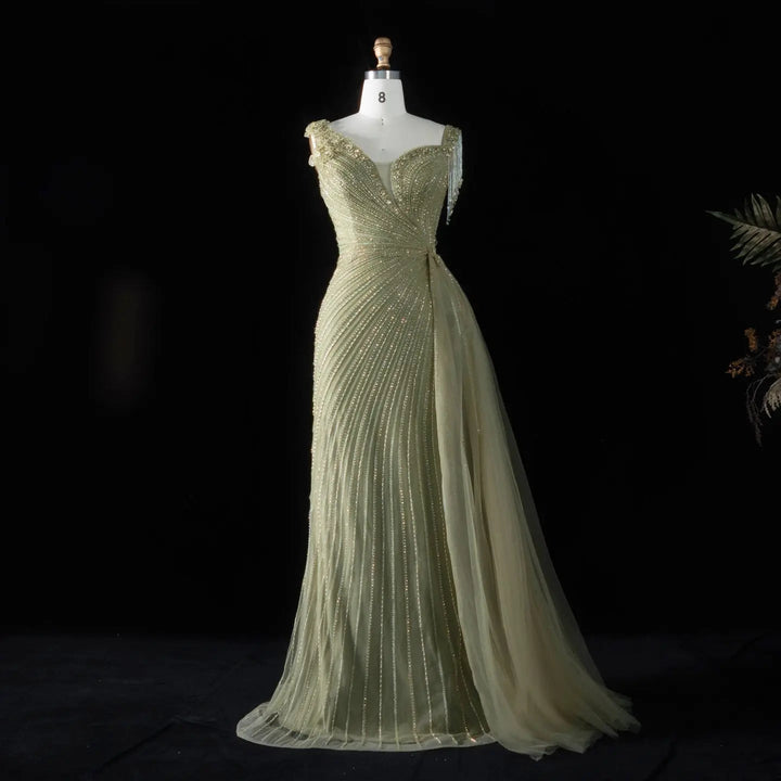 ‌ Luxury Intricately Beaded Fringe-Shoulder Fitted Evening Gown SS103