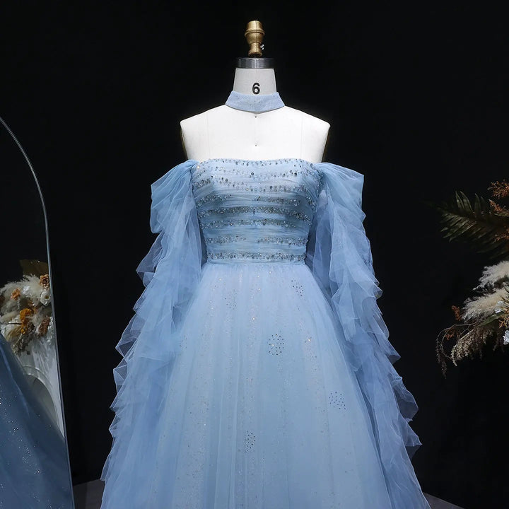 Fairy Blue Beaded Prom Dress with Layered Tulle Sleeves SS737
