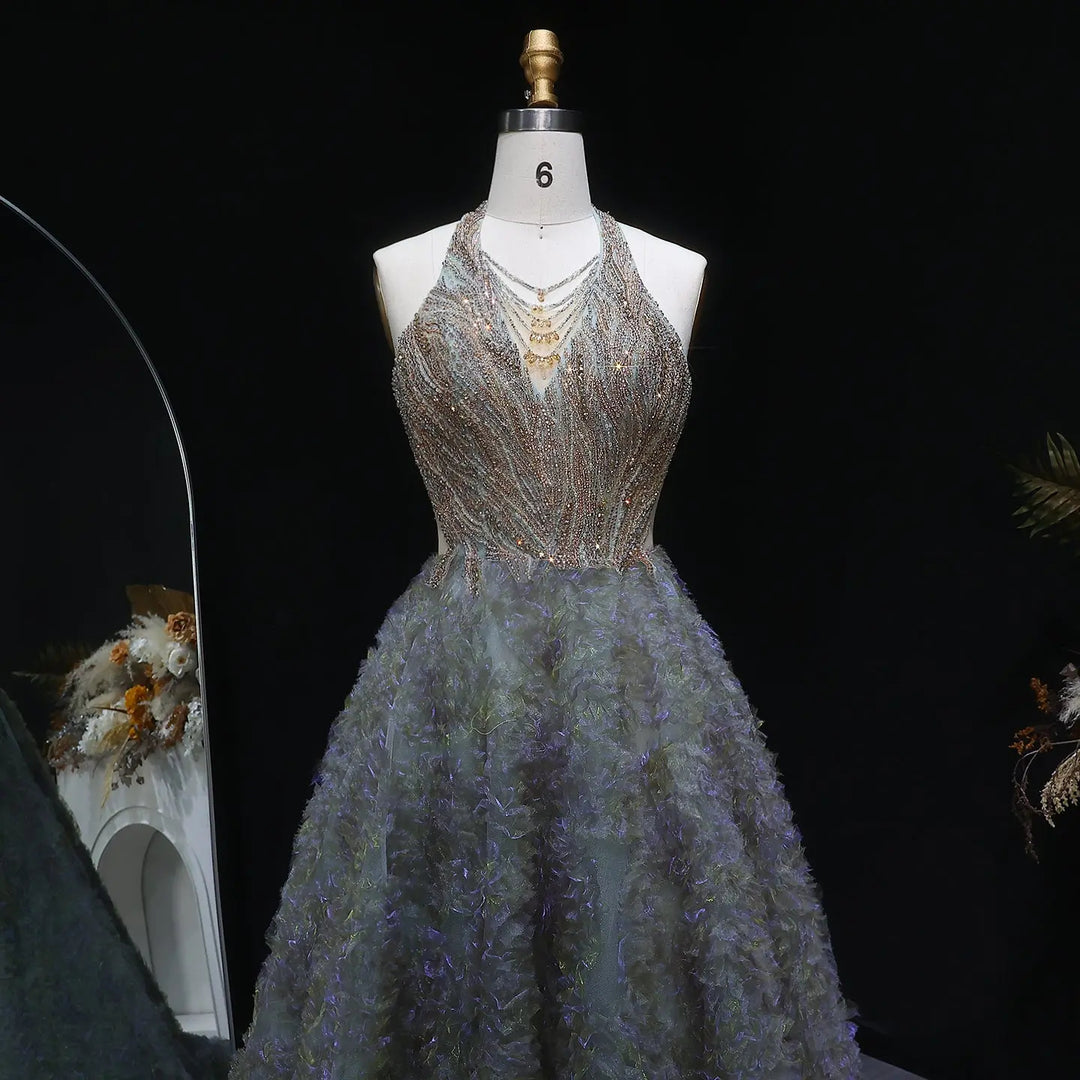 Elegant Gray Green Gradient Halter Prom Dress with Voluminous SS735