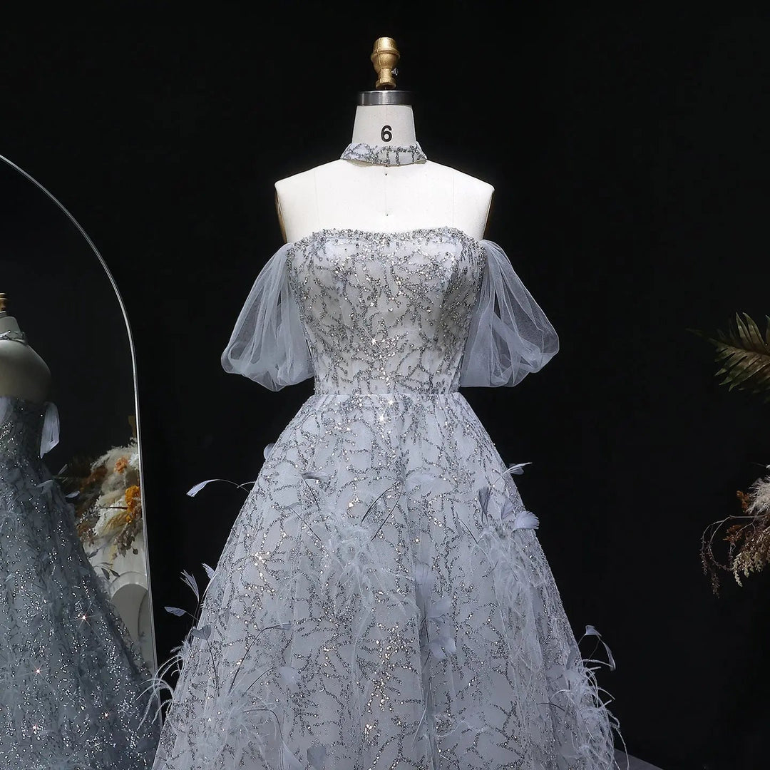 Luxury Silver Sequin Feather Off Shoulder Prom Dress with Choker SS738