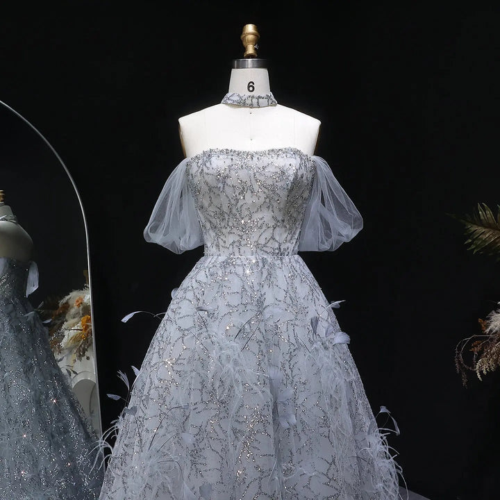 Luxury Silver Sequin Feather Off Shoulder Prom Dress with Choker SS738