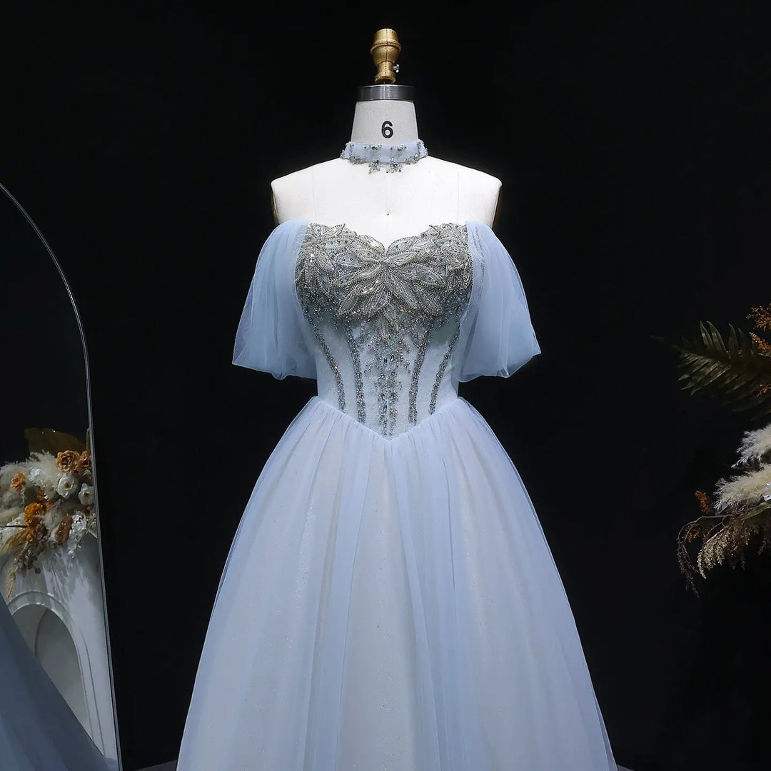 Luxury Blue Beaded Tulle Ball Gown Off Shoulder Evening Dress SS736