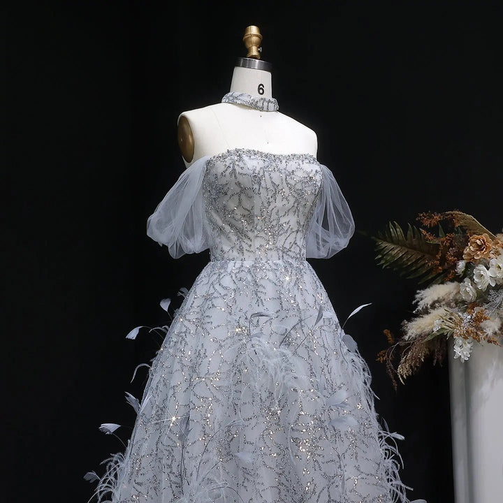 Luxury Silver Sequin Feather Off Shoulder Prom Dress with Choker SS738