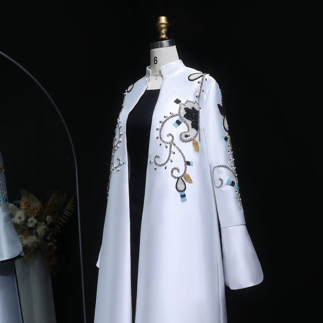 Luxury Black White Evening Dress with Mandarin Collar and Pearl Embroidery XD028