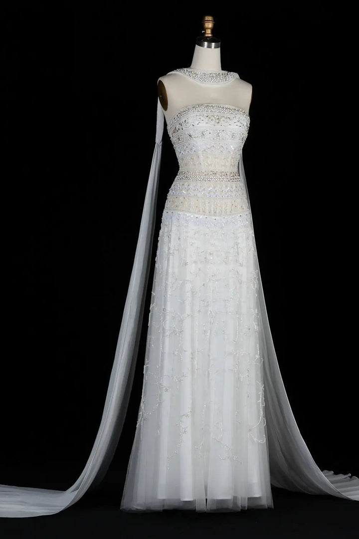 Luxury White Beaded Strapless Evening Dress with Flowing Cape SS508