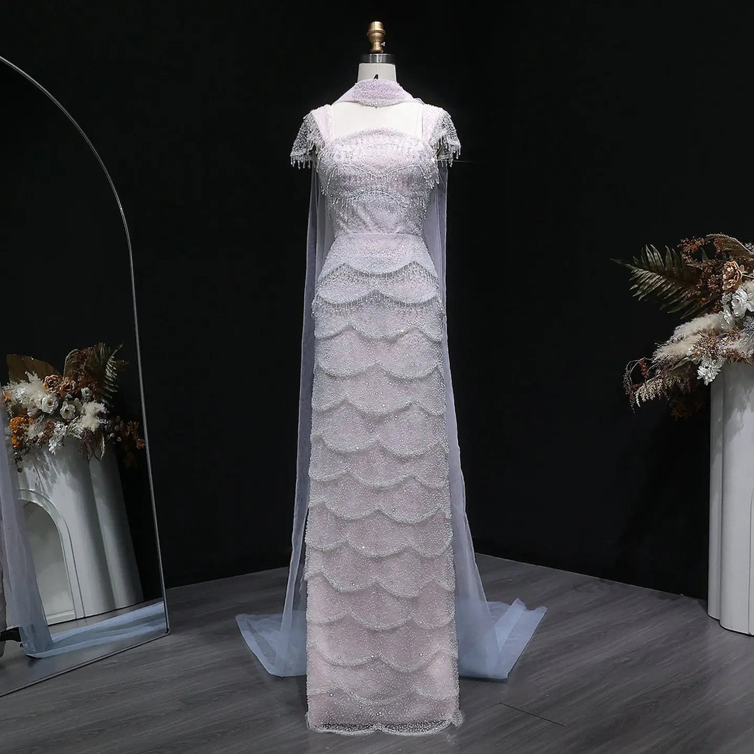 Luxury Gradient White Beaded Layered Evening Gown with Scarf SS523