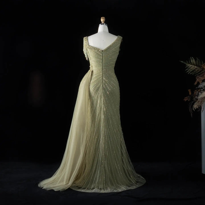 ‌ Luxury Intricately Beaded Fringe-Shoulder Fitted Evening Gown SS103