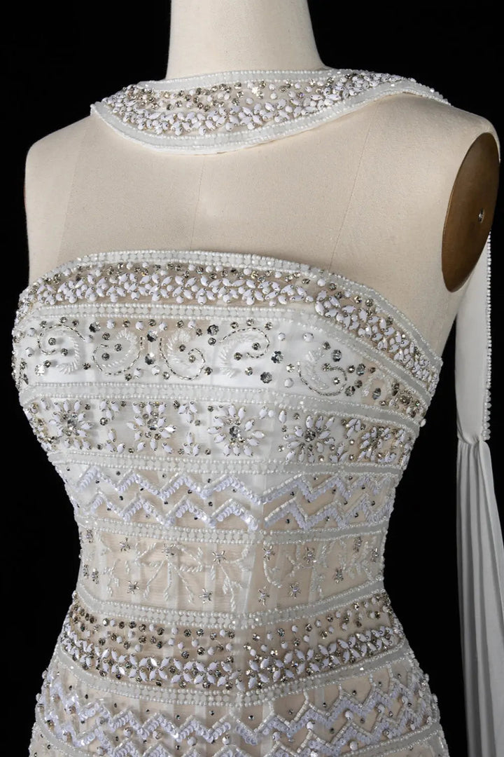 Luxury White Beaded Strapless Evening Dress with Flowing Cape SS508