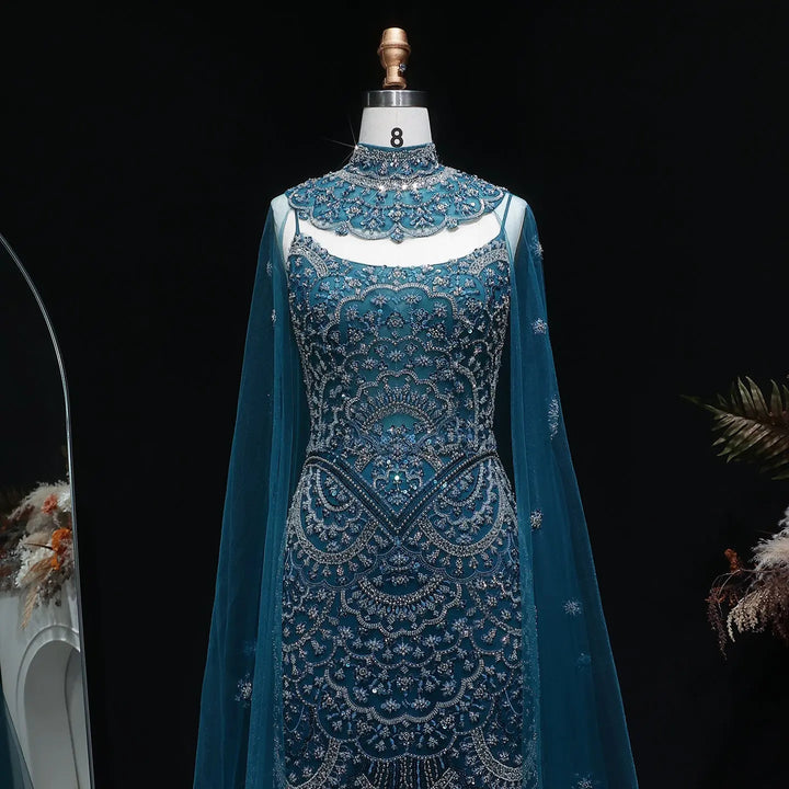 Luxury Teal High Neck Beaded Evening Gown with Sheer Long Sleeves Cape SS028