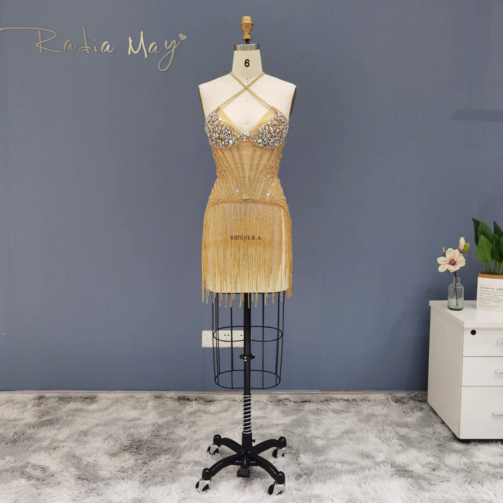 Elegant Strapless Crystal Tassel Mini Cocktail Dress RM012