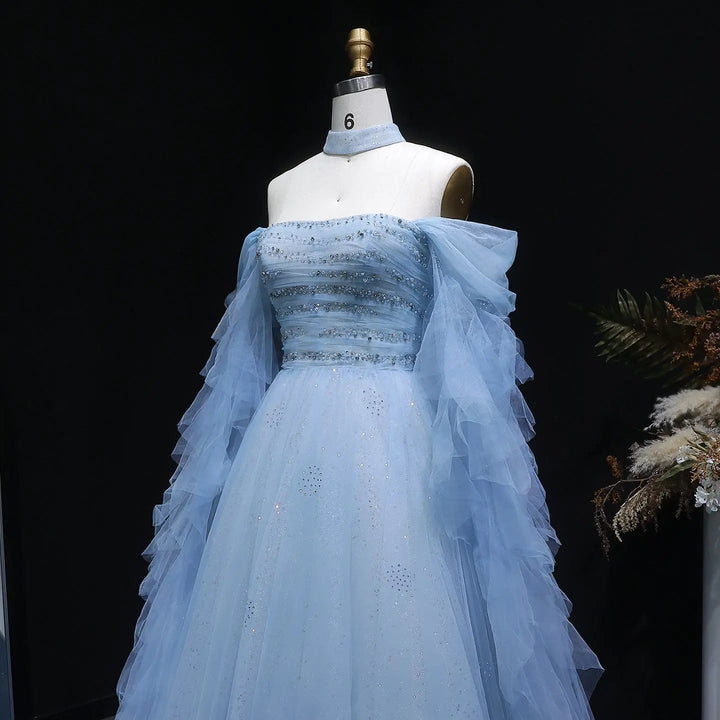 Fairy Blue Beaded Prom Dress with Layered Tulle Sleeves SS737