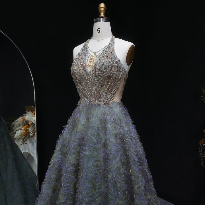 Elegant Gray Green Gradient Halter Prom Dress with Voluminous SS735