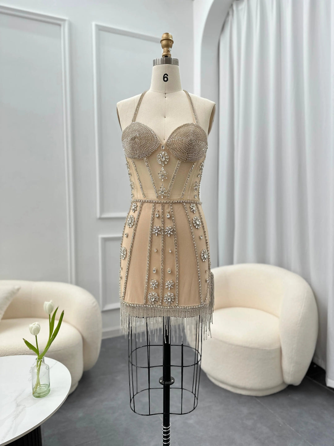 Elegant Strapless Crystal Tassel Mini Cocktail Dress RM012