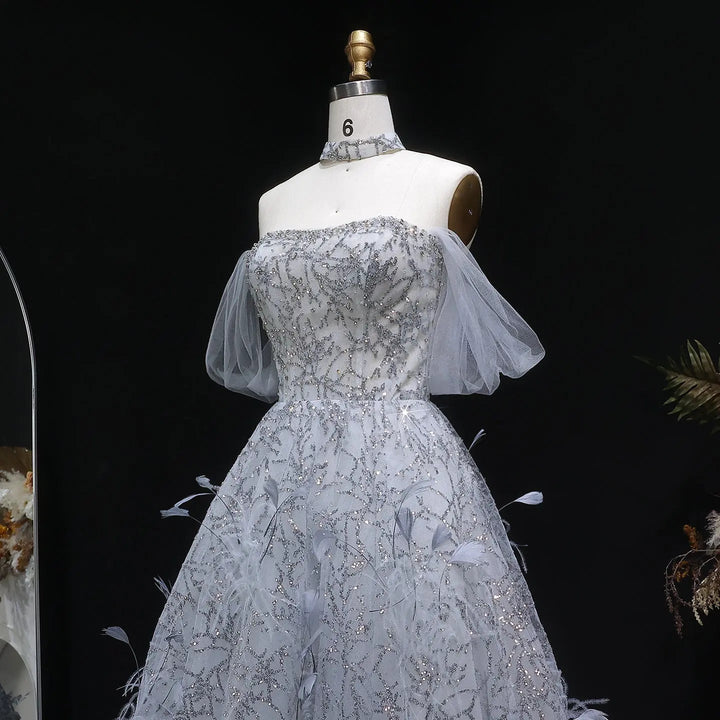 Luxury Silver Sequin Feather Off Shoulder Prom Dress with Choker SS738