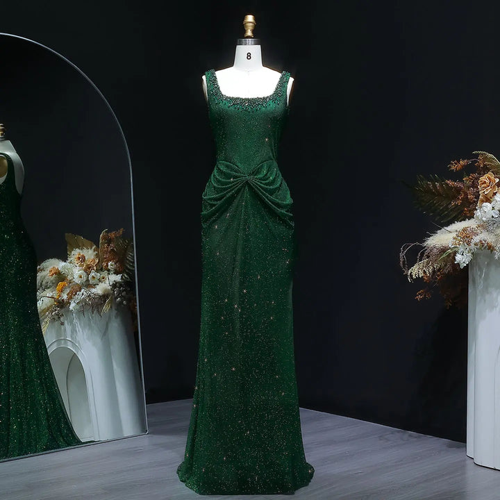 Elegant Green Beaded Sequin Evening Dress with Square Neck SS655