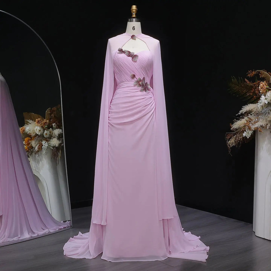 Luxury Pink Strapless Ruched Evening Dress with 3D Floral Appliqués and Cape SF223