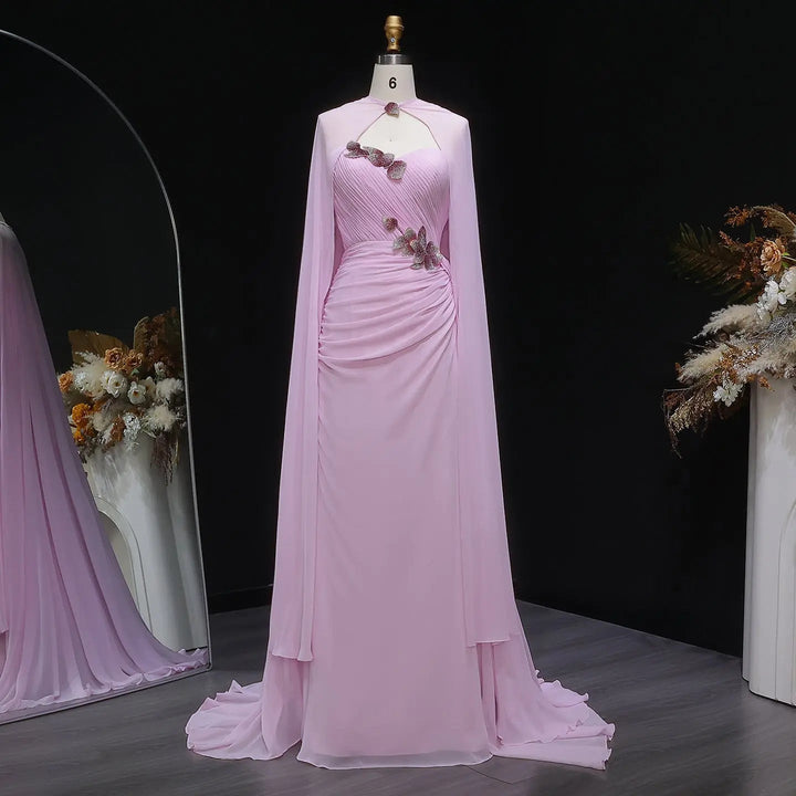 Luxury Pink Strapless Ruched Evening Dress with 3D Floral Appliqués and Cape SF223