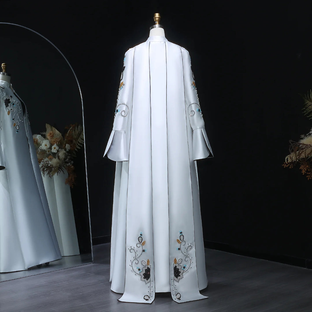 Luxury Black White Evening Dress with Mandarin Collar and Pearl Embroidery XD028