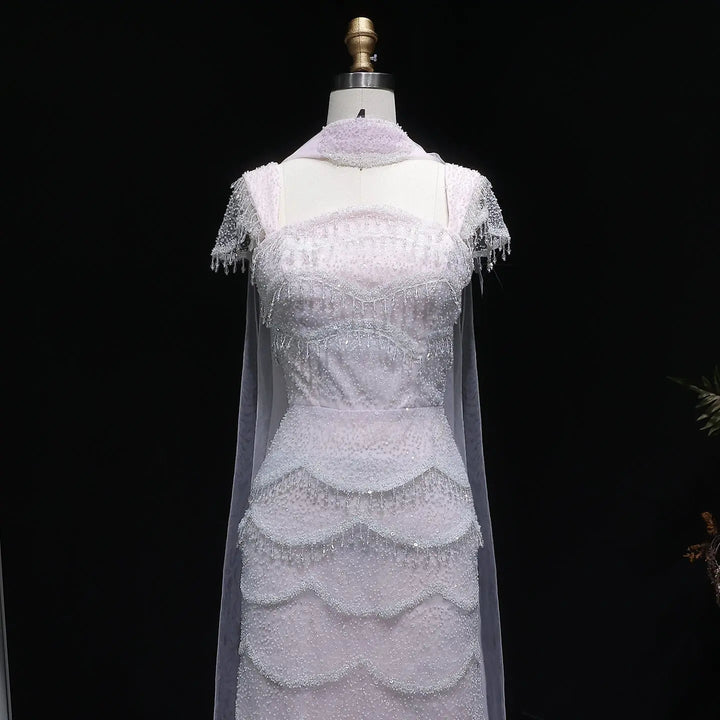 Luxury Gradient White Beaded Layered Evening Gown with Scarf SS523
