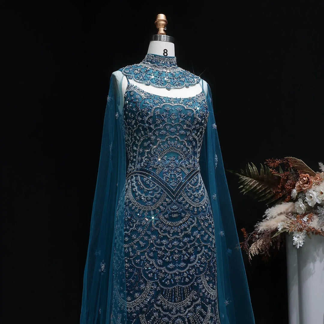 Luxury Teal High Neck Beaded Evening Gown with Sheer Long Sleeves Cape SS028