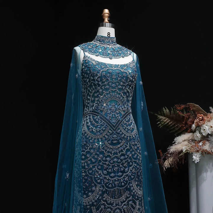 Luxury Teal High Neck Beaded Evening Gown with Sheer Long Sleeves Cape SS028