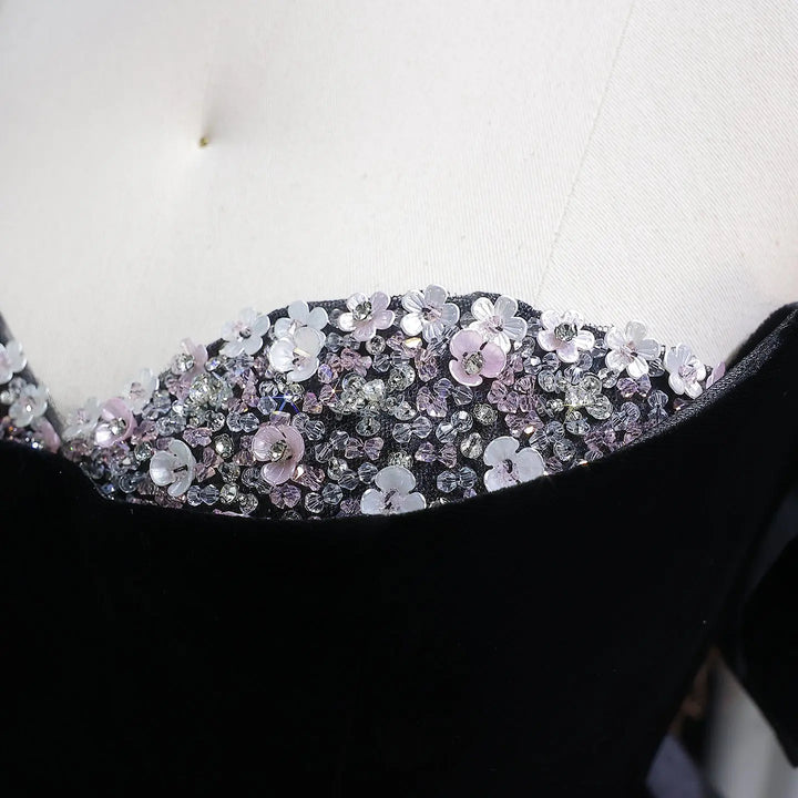 Luxury Black Velvet with Crystal Embellished Hem Evening Gown SS739