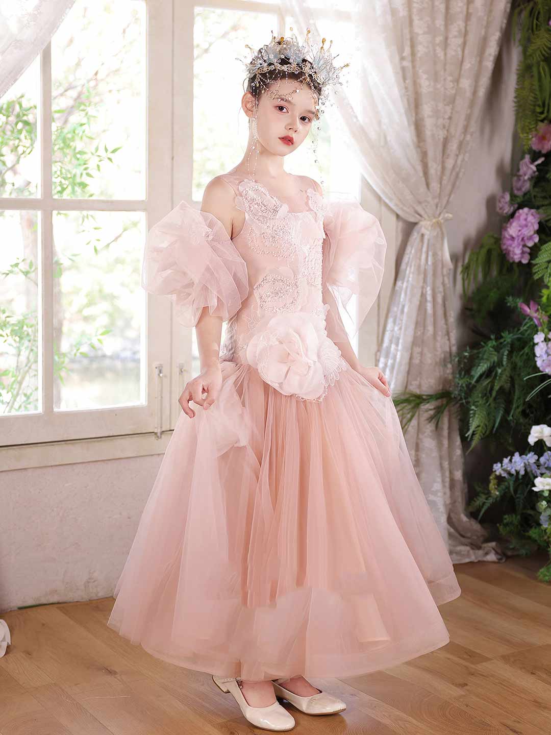 Pink Floral Lace Princess Ball Gown Flower Girl Dress J119