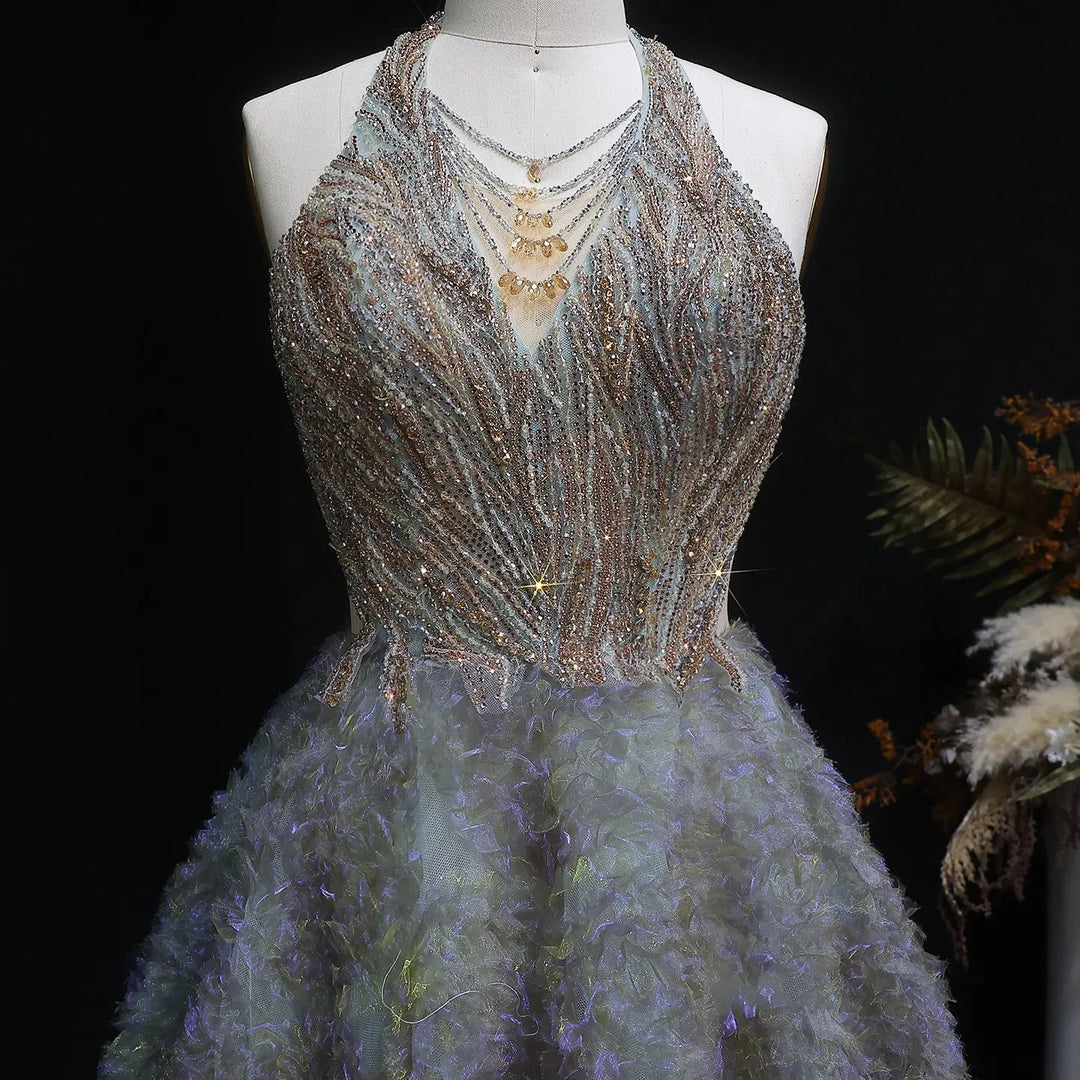 Elegant Gray Green Gradient Halter Prom Dress with Voluminous SS735