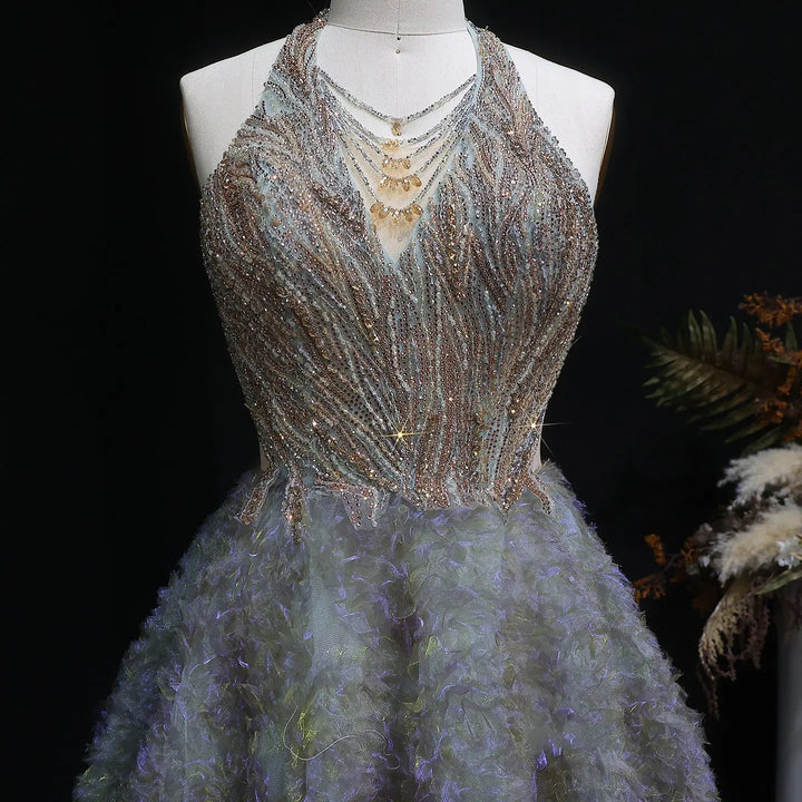 Elegant Gray Green Gradient Halter Prom Dress with Voluminous SS735